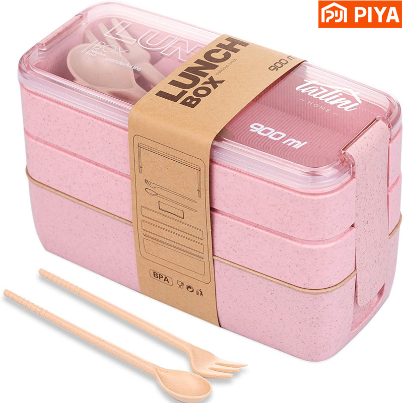 Meal Prep Lunch Boxes - 3-In-1 bölmesi buğday samanı Bento kutusu